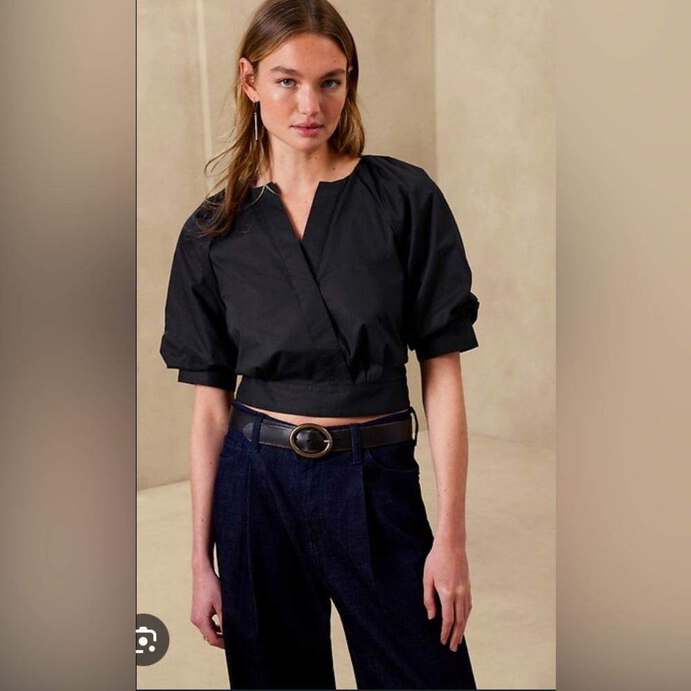 Banana Republic crop wrap-front blouse black cotton XS